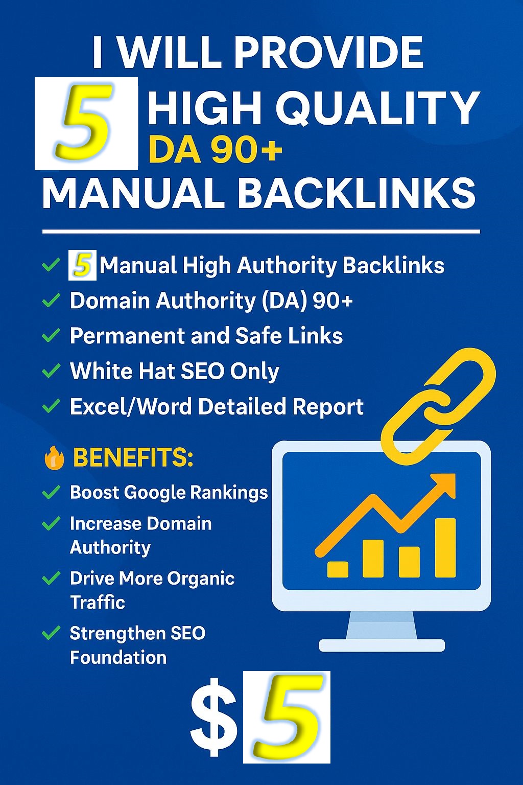 Provide 5 High Quality DA 90+ Manual Backlinks for SEO Ranking