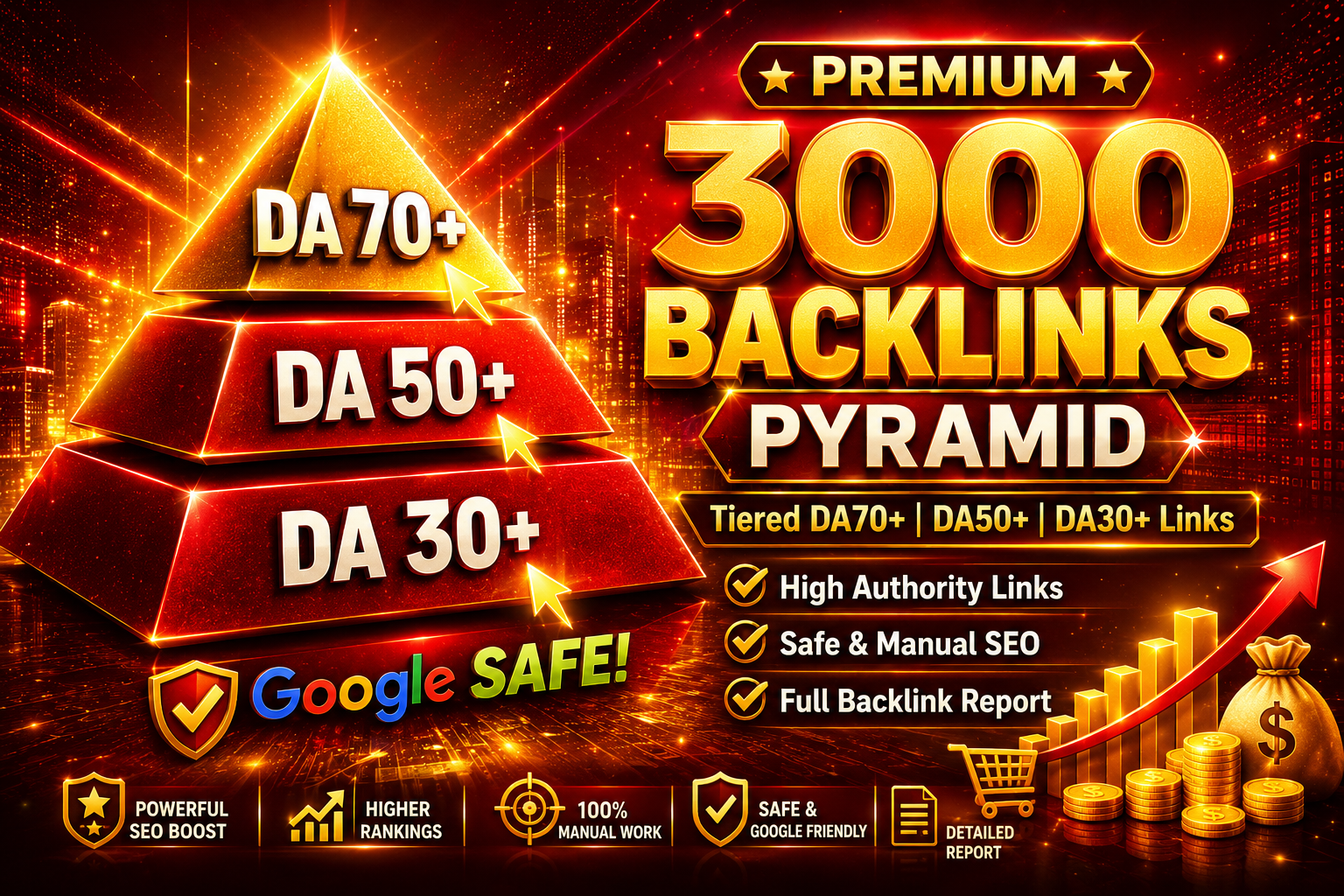 Premium 3000 Backlinks Pyramid Tiered DA70+ DA50+ DA30+ 