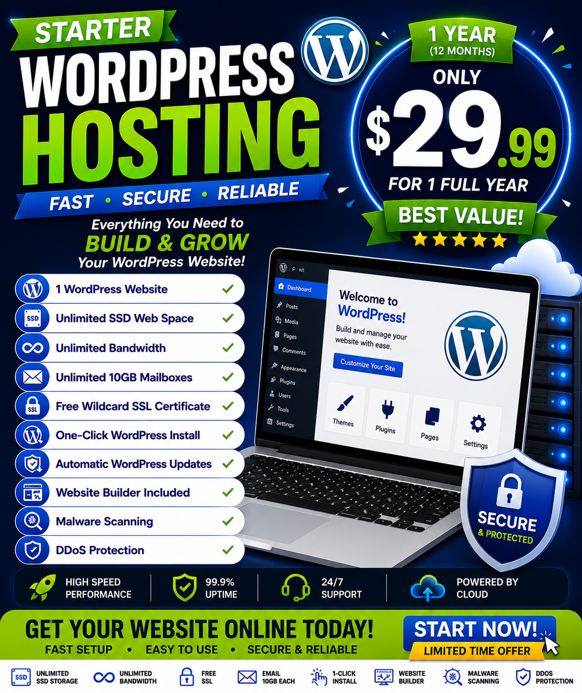 Starter WordPress Hosting | 1 Website | Free SSL | 1 Year Hosting