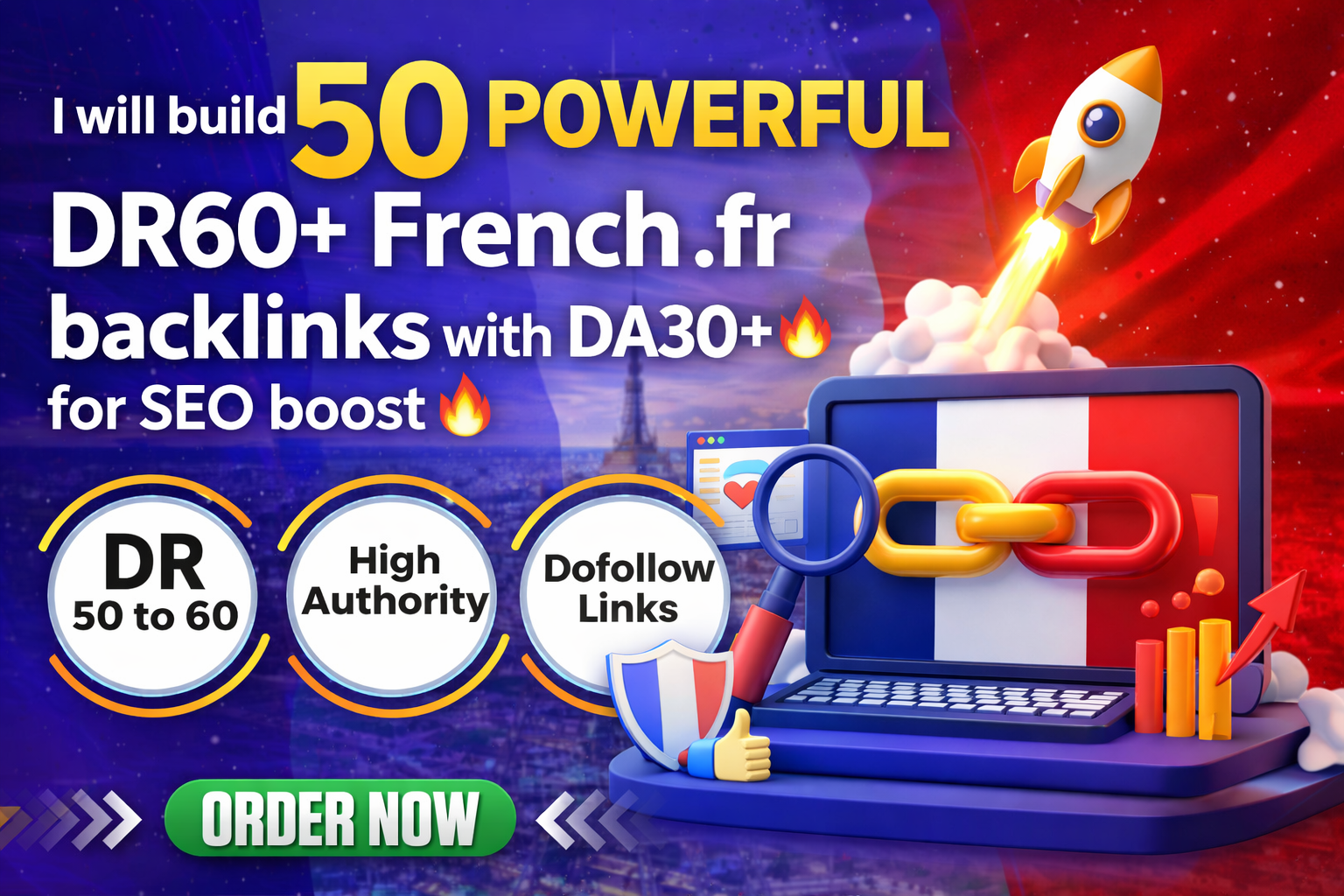 Build 50 powerful DR60+ French .fr backlinks with DA30+ for SEO boost ????