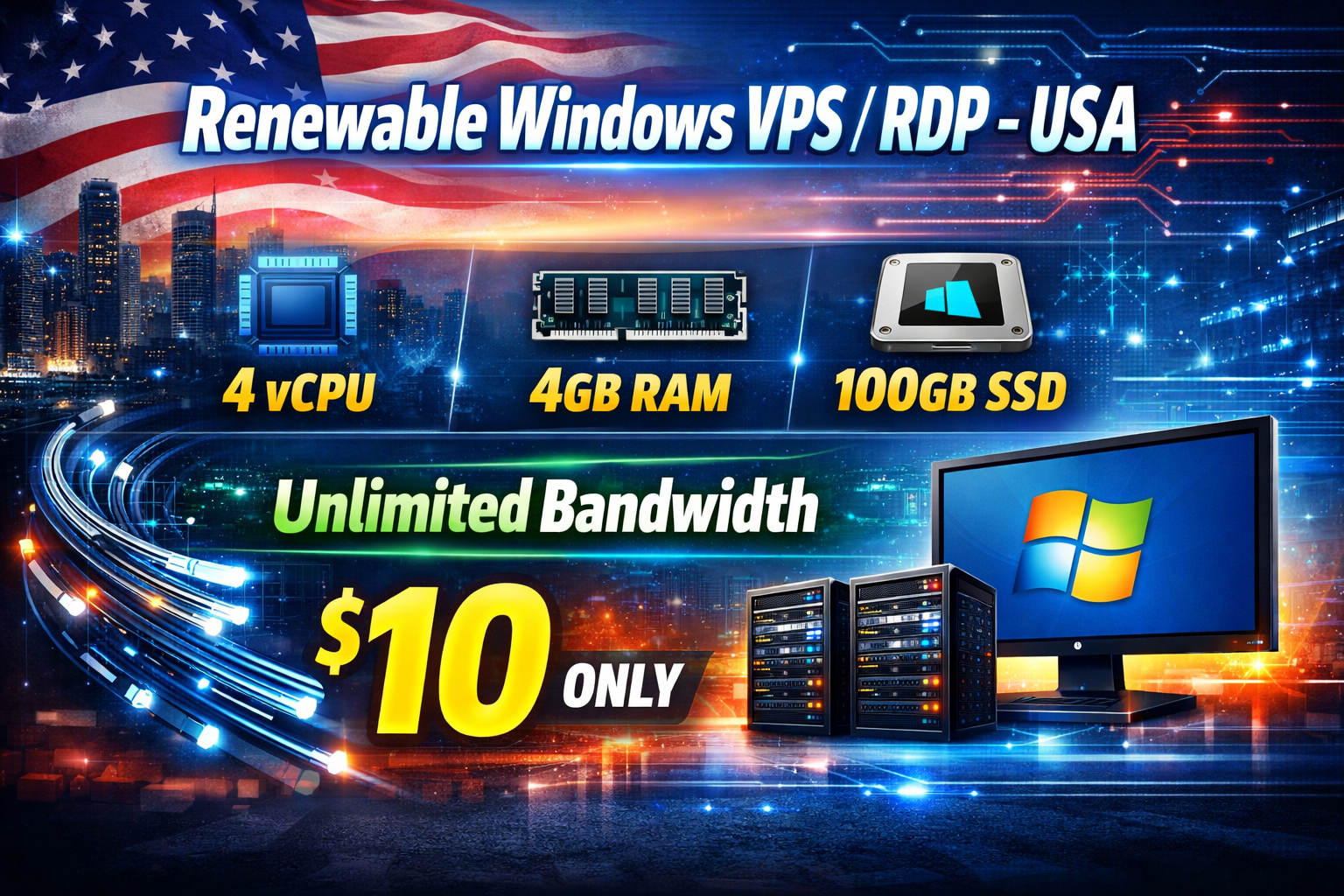 Windows VPS/RDP - USA- 4CPU 4GB RAM 100GB SSD - Unlimited Bandwidth 