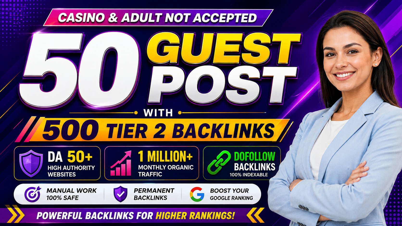 I will write and publish 50 guest post from 1 million traffic websites with 500 Tier 2 backlinks