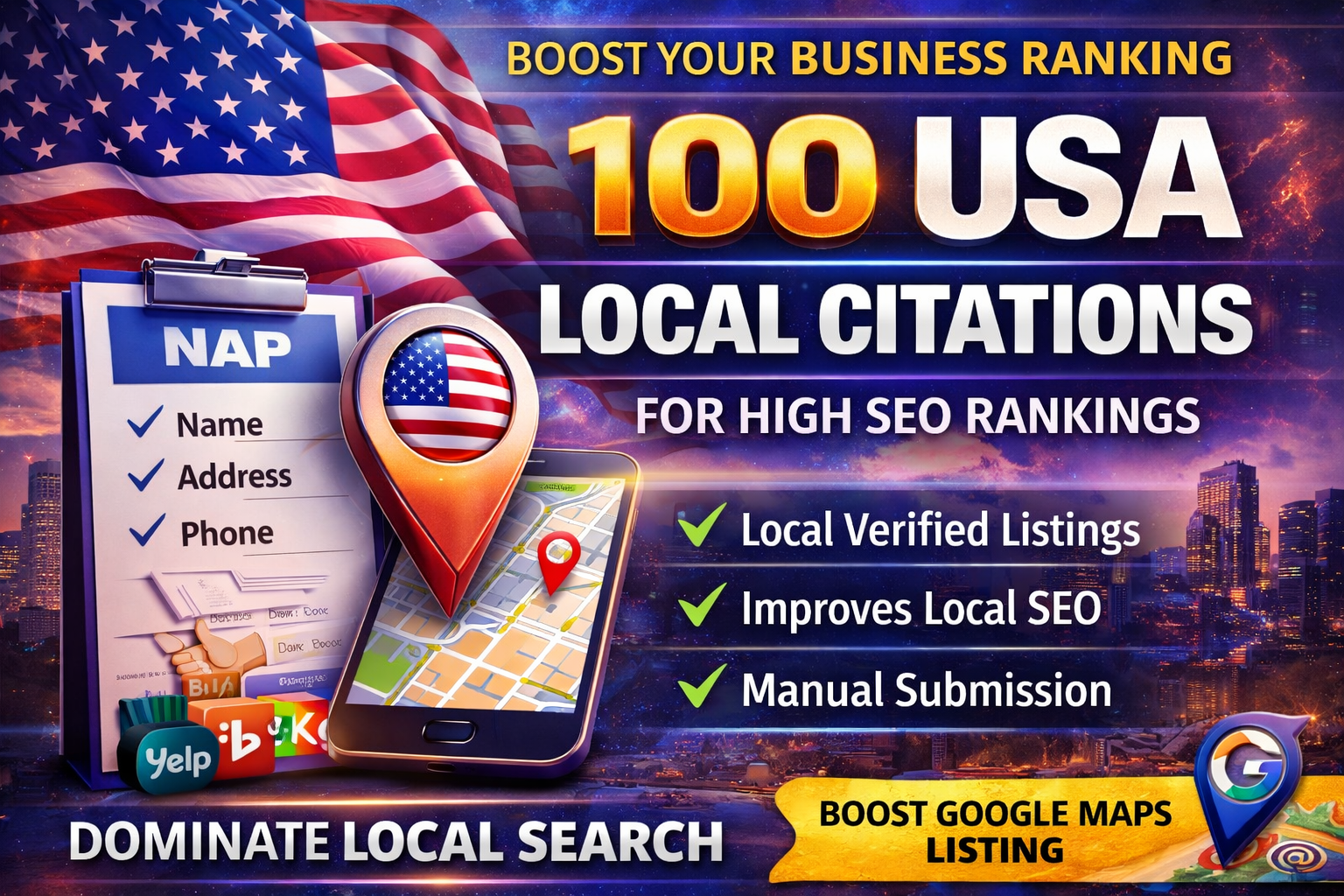 100 USA local citations for Top ranking your Business.