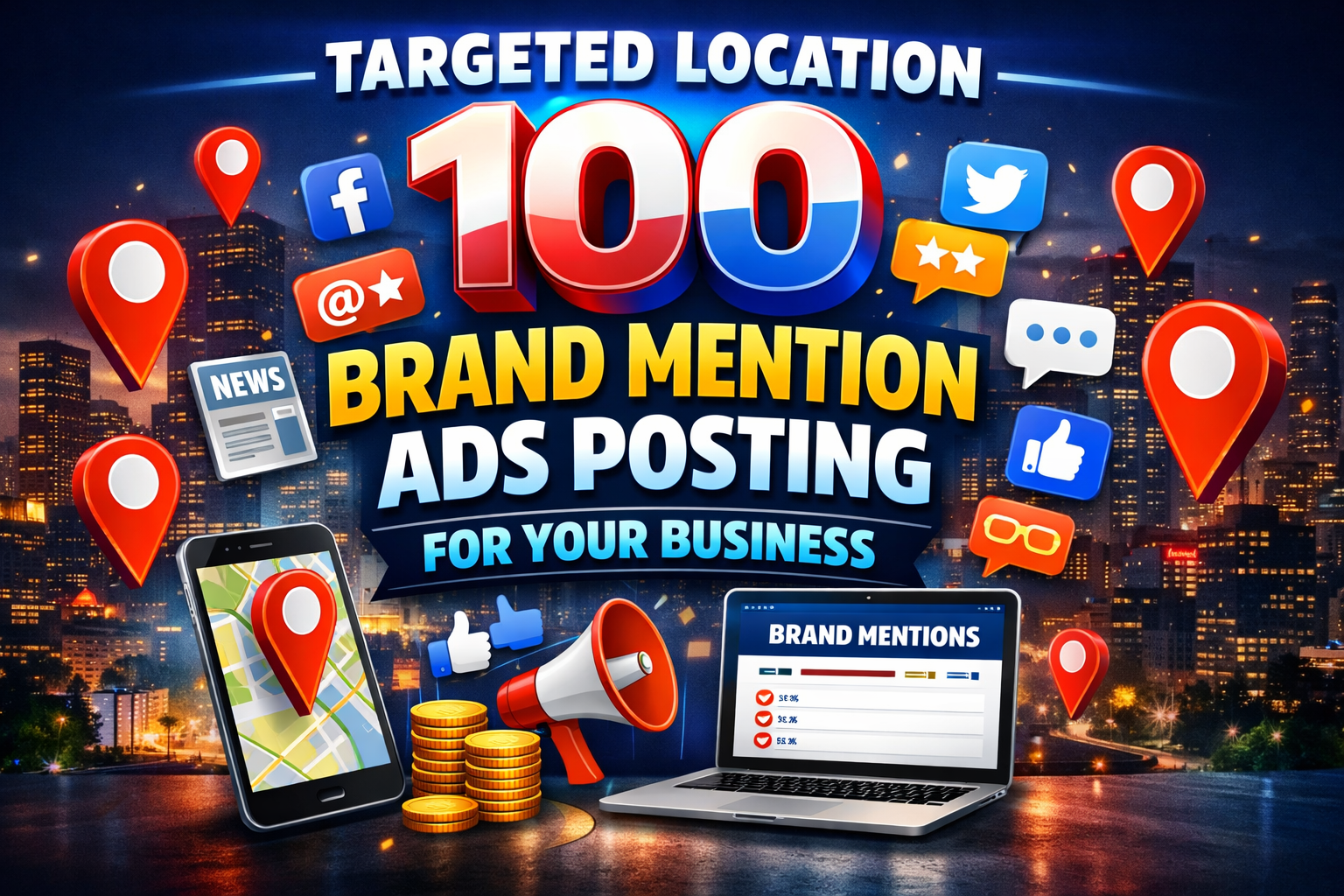 Targeted Location 100 Brand Mention ads posting for your Business