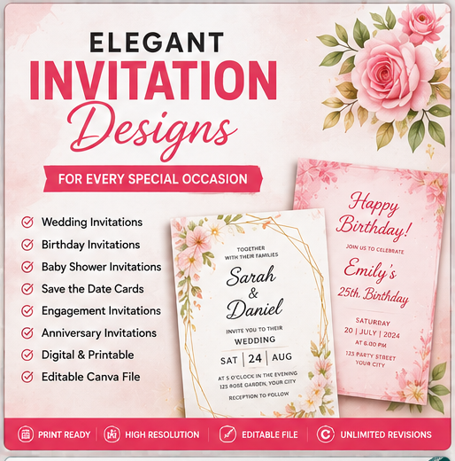 I will design elegant wedding, birthday, baby shower, and event invitations