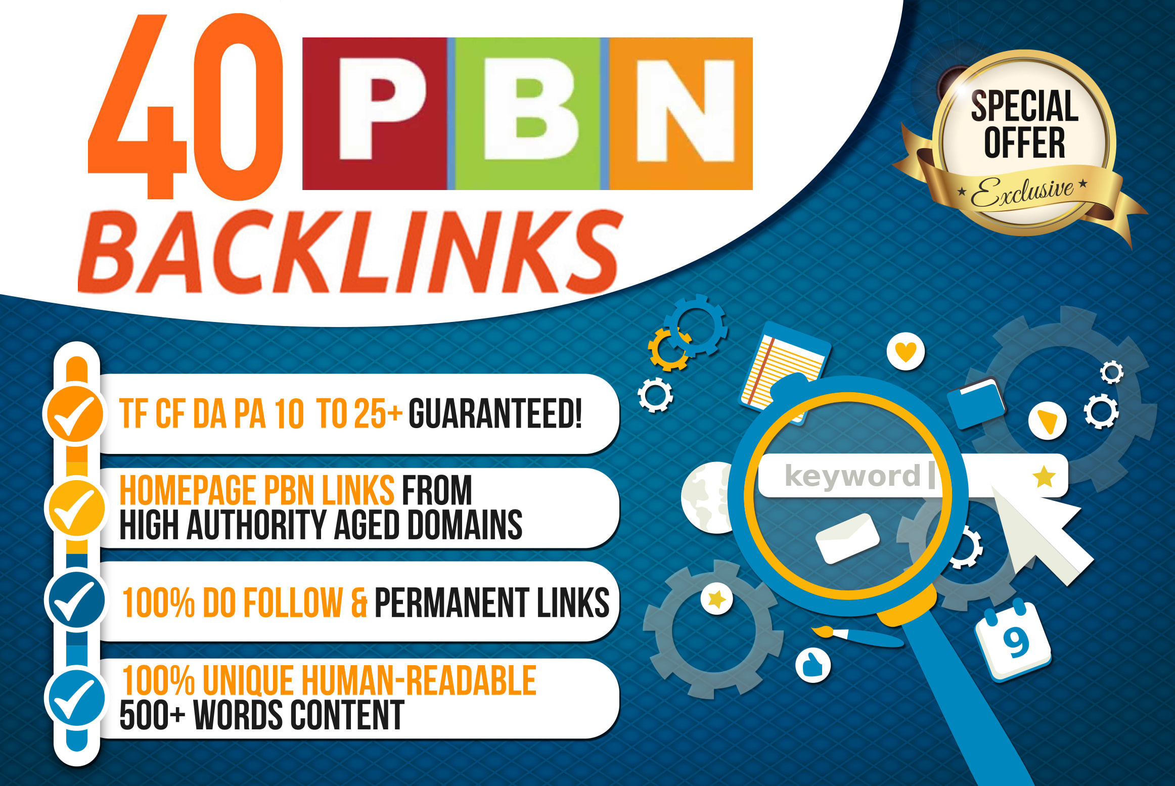 Create 40 pbn backlinks high Da Tf from my own real a...