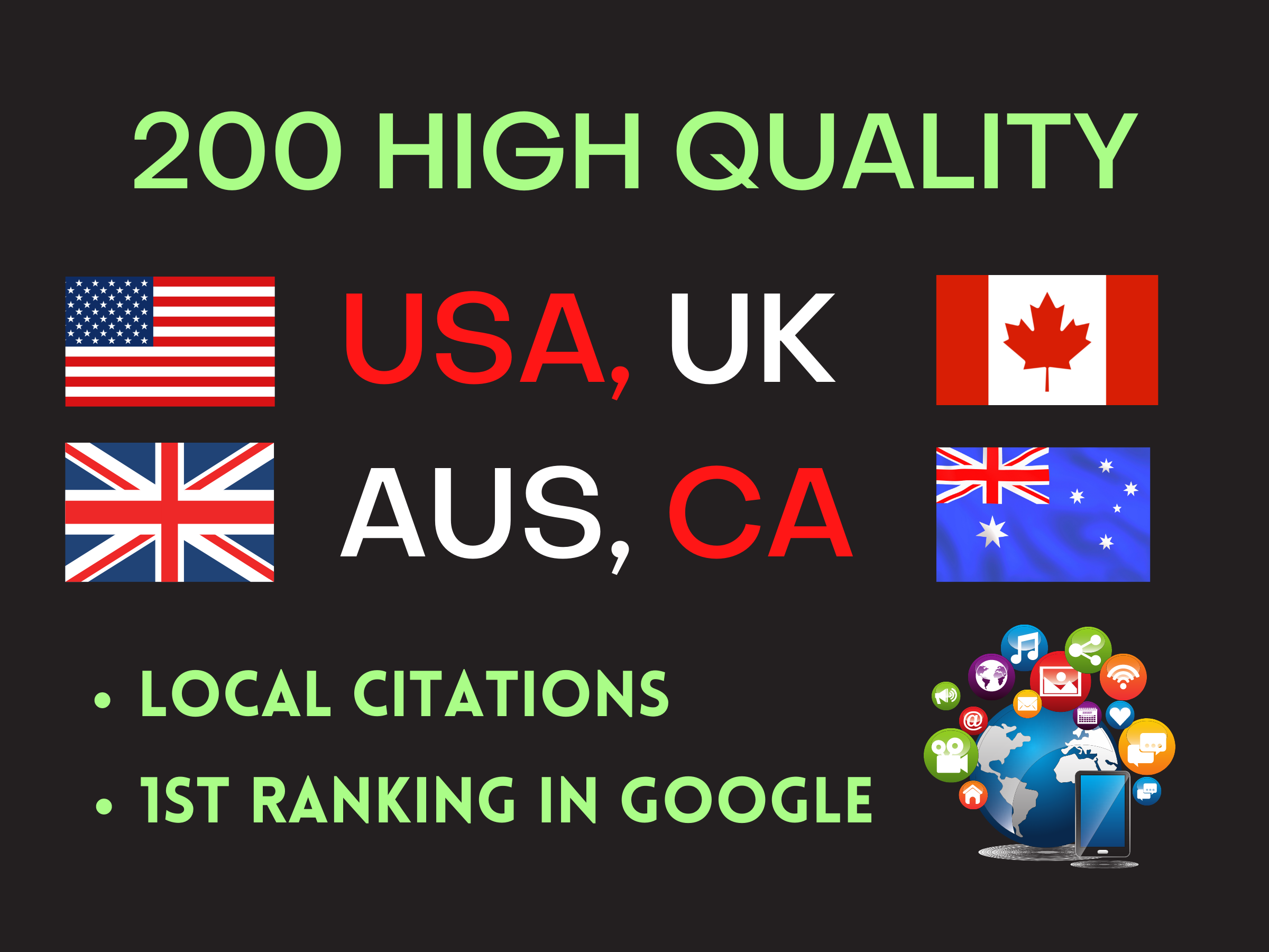 I will do top 200 local citations for local SEO USA, UK,CA,AUS