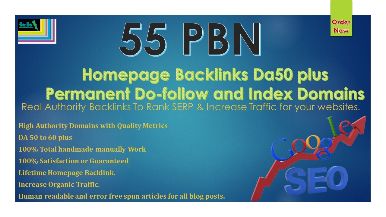 55 PBN backlinks, homepage backlinks da50 plus, permanent, dofollow, index domain
