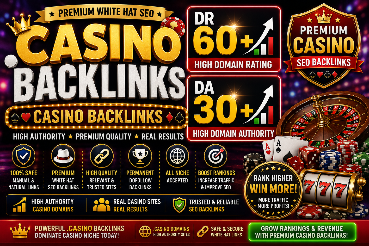 I will create 50 High Quality .casino tld DR 60+ and DA 30+ Backlinks 