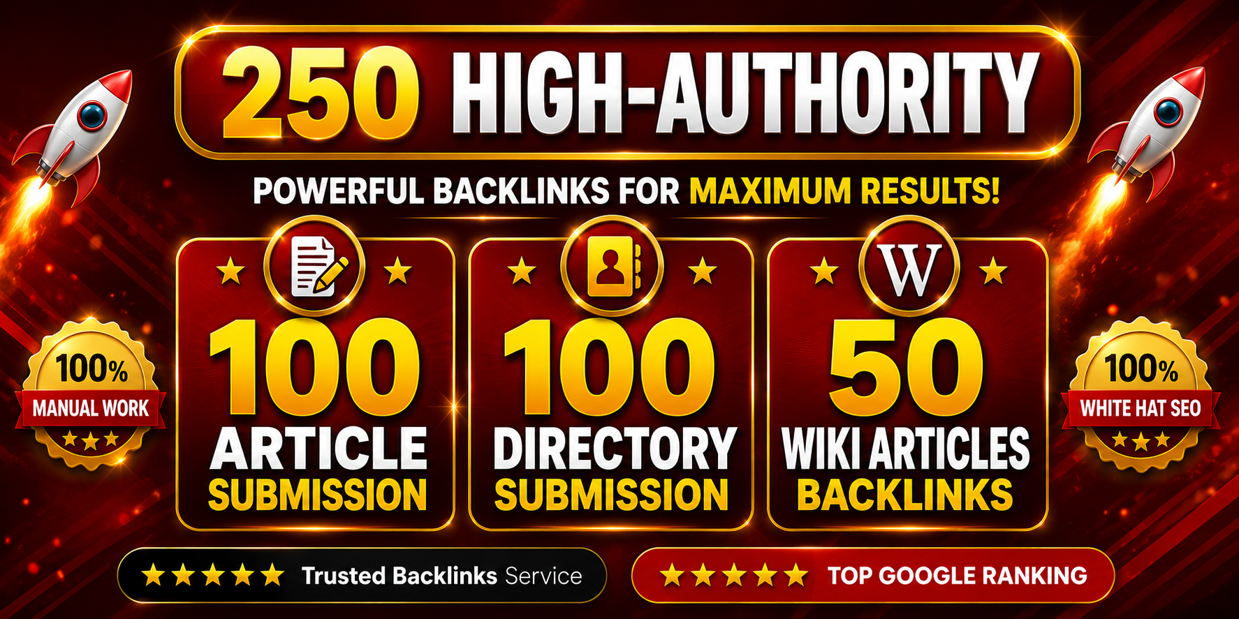 I will create manual 100 Article submission, 100 directory submission, 50 Wiki Articles Backlinks 