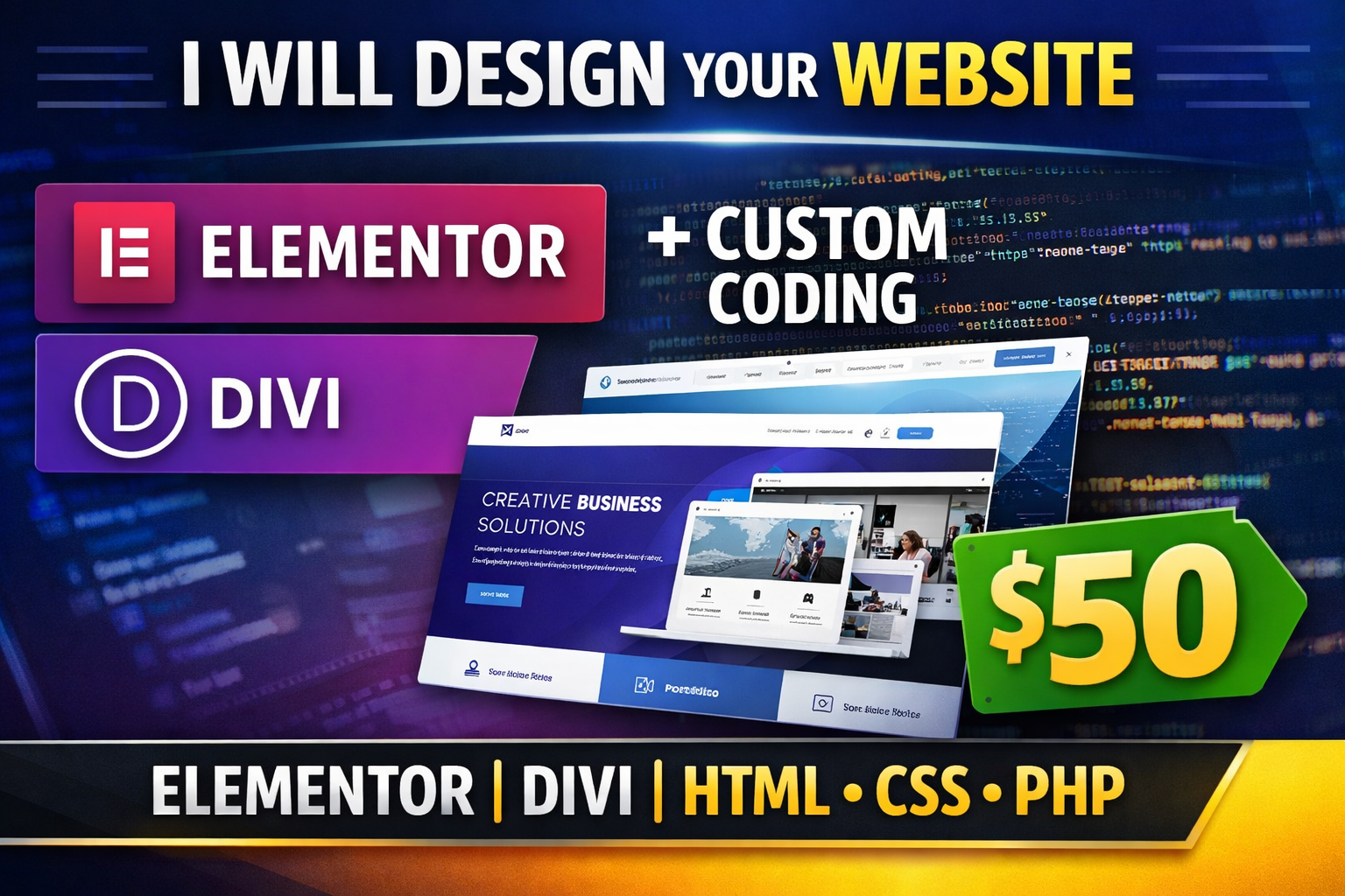 I will design a website using Elmentor / Divi or Cust...