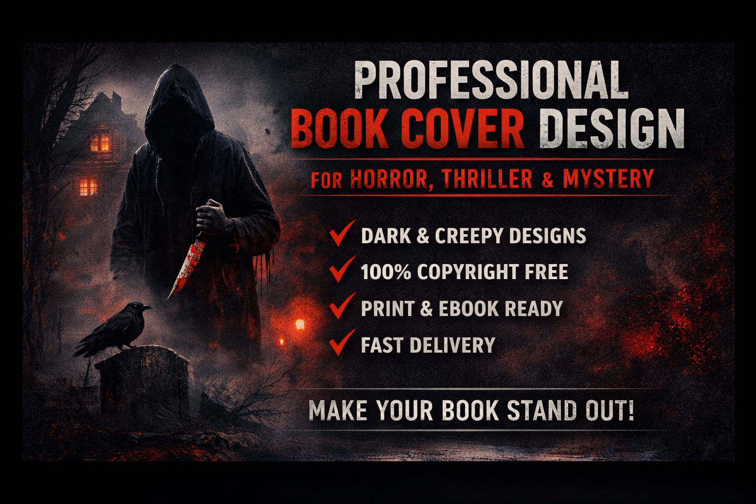 I will design dark professional book cover for horror thriller and mystery books