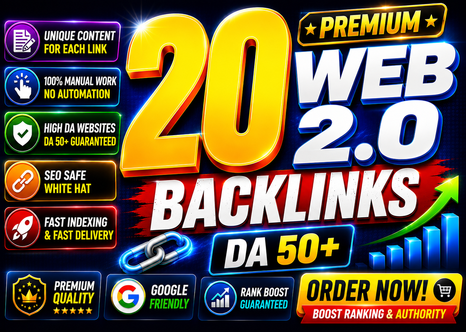 Premium Quality 20 Powerful Web 2.0 Backlinks on High Authority DA 50 Plus Platforms