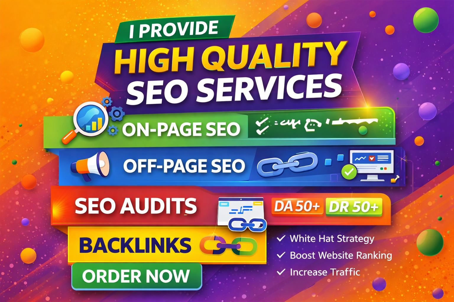 I will provide on page SEO, off page SEO, SEO audits and backlinks for your website