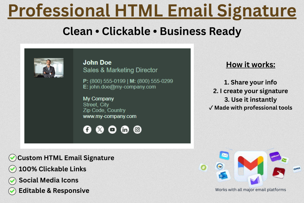 I will create a professional clickable HTML email sig...