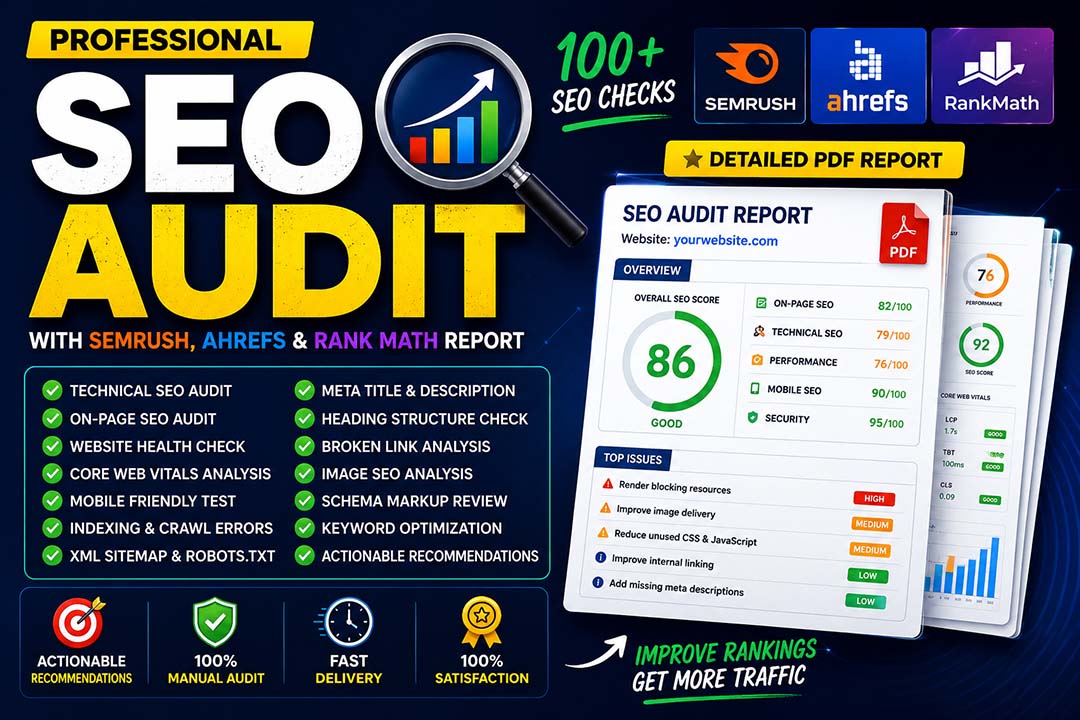 I will do professional SEO audit with Semrush, Ahref...