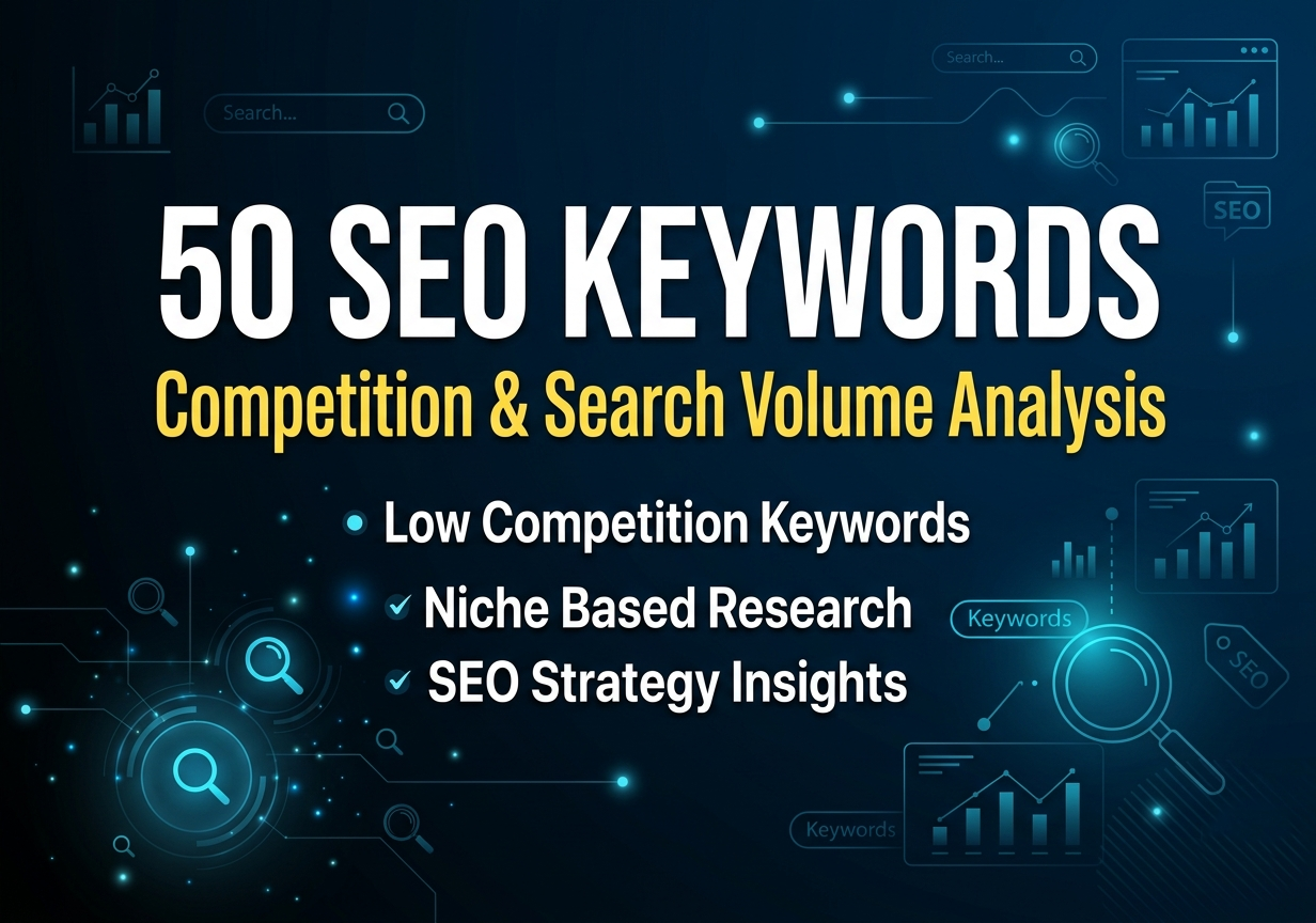 I will provide 50 SEO keyword research with competition and search volume analysis