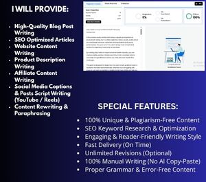 I will write articles and blogs that are 1000 words long and good for SEO. They will show up high on