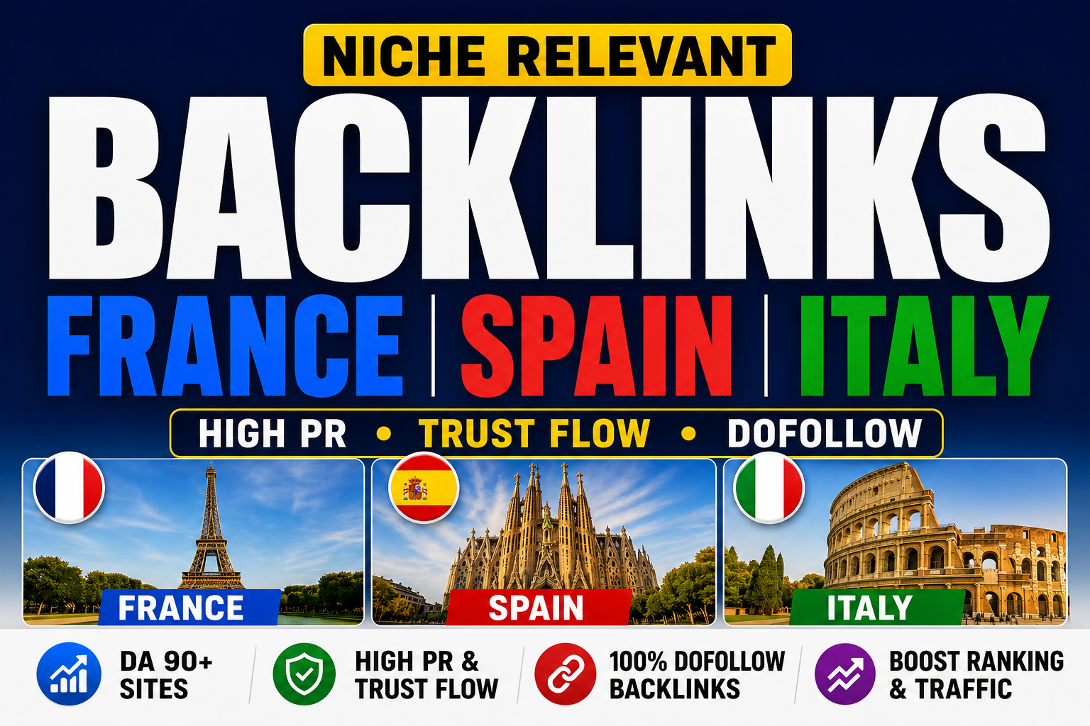 25 Niche Relevant DA 90 France/Spain & Italy Backlinks High PR Trust Flow Dofollow SEO Link Building