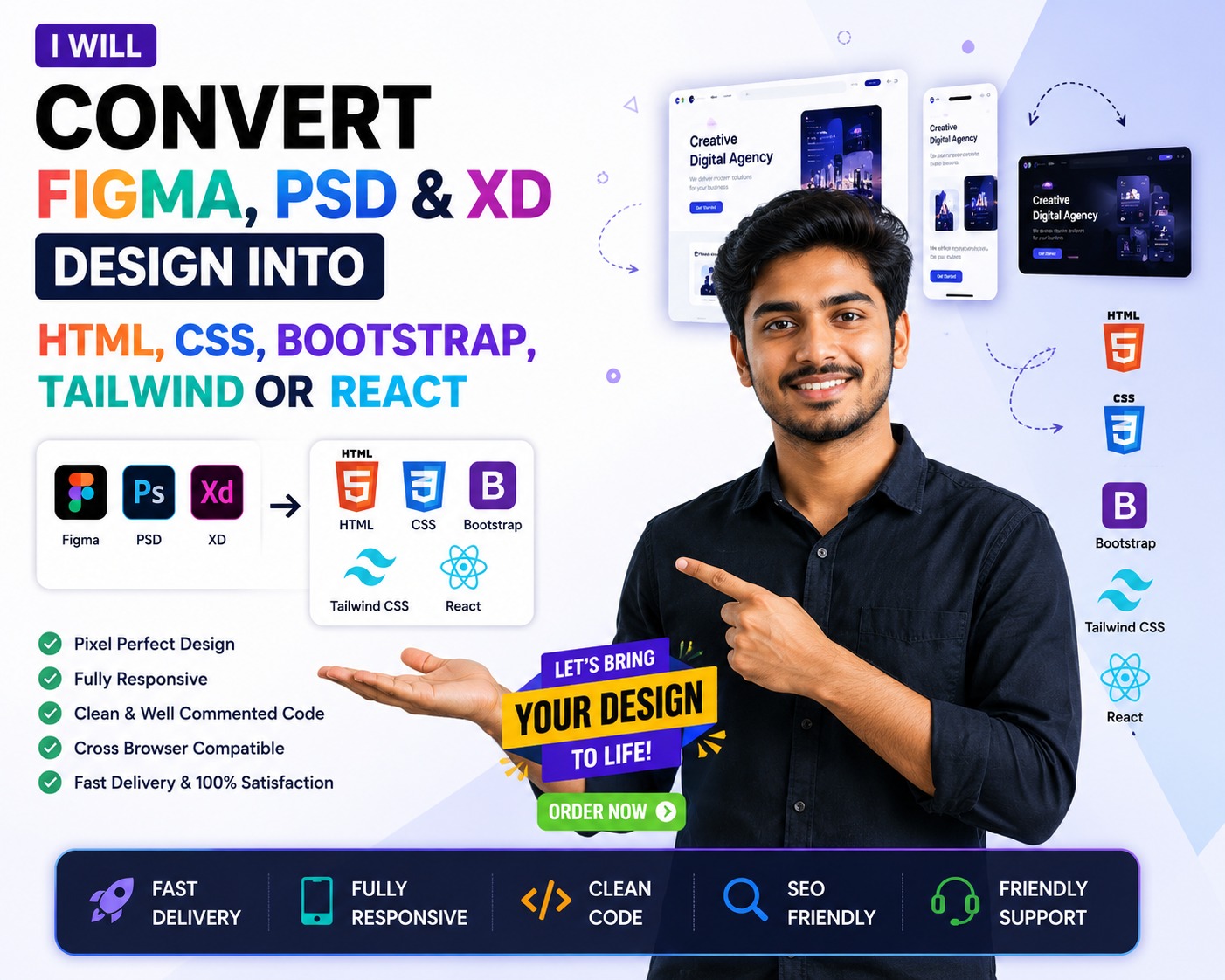 I will convert figma PSD and xd design into HTML CSS ...