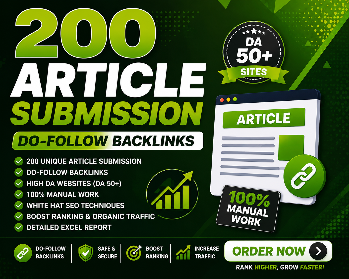 I will do article submission backlinks from da 50 plu...
