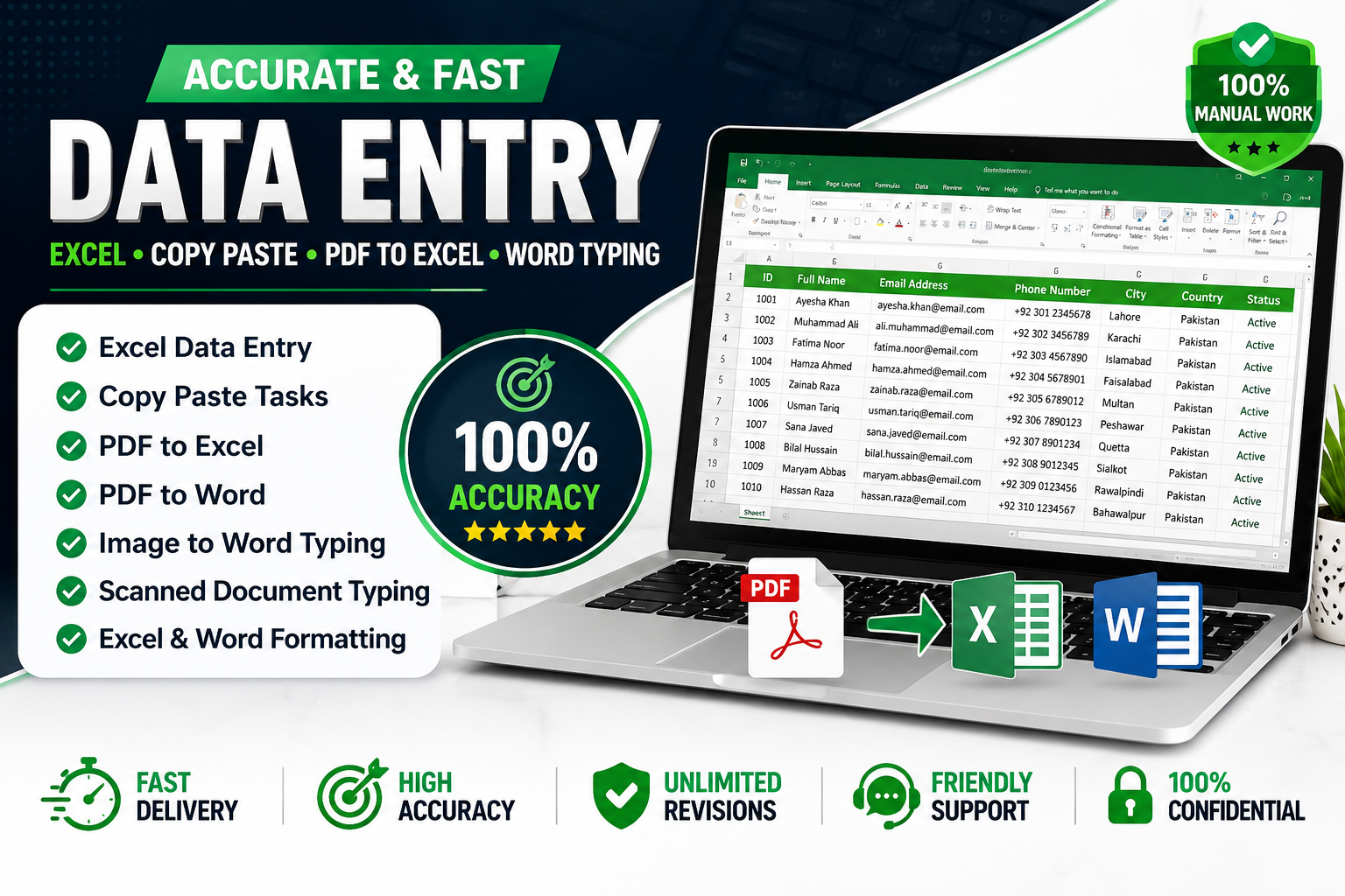 I will do fast and accurate Excel data entry, copy paste, PDF to Excel and Word