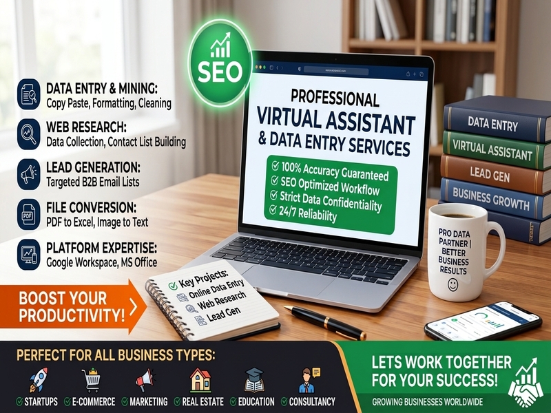 I will be your professional virtual assistant for data entry, web research and lead generation