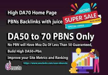 50 PBNs Backlinks DA50 to 70 - Improve Site Metrics With Ranking