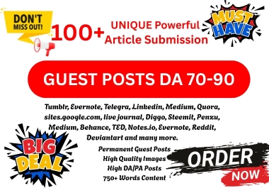 I Will Build 100 Unique Manual DA 70-99 Article Submission Backlinks on Google High-Authority
