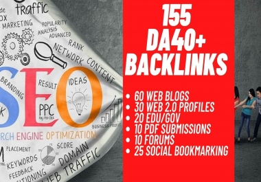 Manually 155 DA40+ Backlinks 60 web blogs 30 Web 2.0 Profiles 20 Edu/Gov 10 pdf 10 forums 25