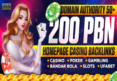 Rank 1 page with 200 Pbn High da dr tf sites poker,  Slot,  Betting premium domains