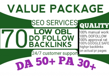 We will provide 70 links of DA 50+ with unique domains and low obl