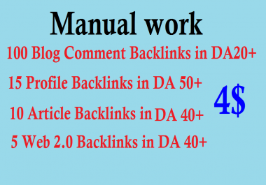 SEO Package 100 Blog Comment,  15 Profile Backlinks,  10 Article Backlinks,  5 Web 2.0 Backlinks