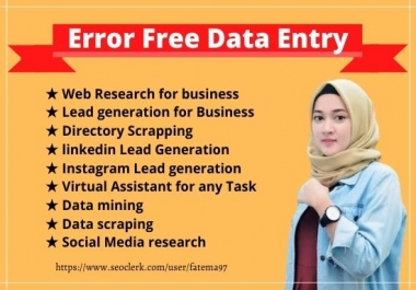 I will do 15 b2b lead generation,  excel data entry,  copy pest and typing data entry task