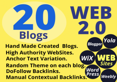 I will create manually 20 Dofollow High Authority Web 2.0 Backlinks
