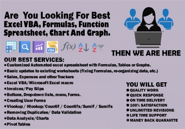 I will do excel spreadsheet formula,  vba,  macros,  chart and pivot tables for your assist