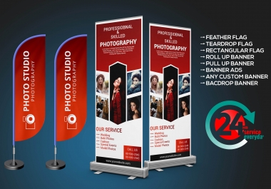 I will design retractable roll up banner, tear drop, feather flag in 4 hours