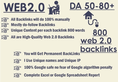 Web2 high da,  quality dofollow SEO backlinks 800 plus authority white hat link building