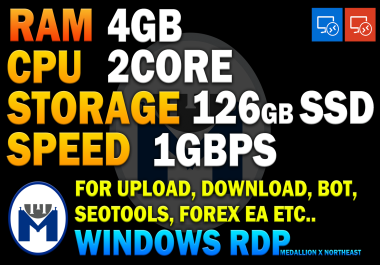 High SPEED 1GBPS VPS windows RDP 4GB ram 2 Core 126Gb SSD for bot,  forex EA,  game servers,  CHR