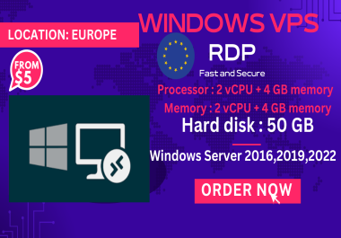WINDOWS VPS FOR EUROPE 2 vCPU + 4 GB memory + 50 GB RAM
