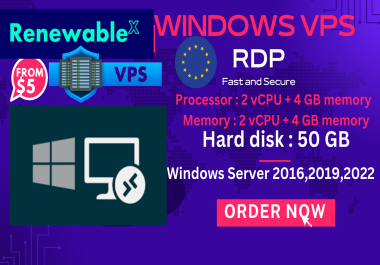 Renewable Windows VPS/RDP - USA- 4CPU 4GB RAM 50GB SSD - Unlimited Bandwidth