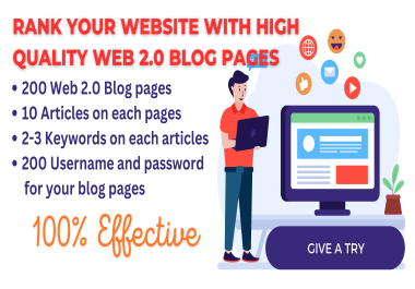5000+ Backlinks -Boost Your Website with 200 Quality Web 2.0 Blog Page With 10 Articles on each blog