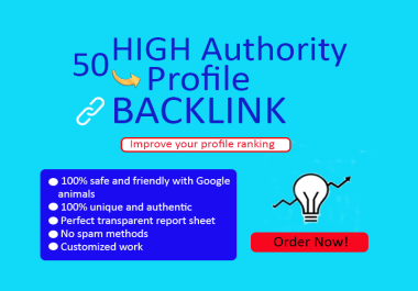 I will provide 50 high authority profile backlink for improve Google ranking