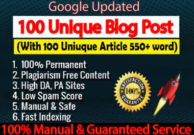 Write and publish 100 unique blog posts on high DA sites SEO backlinks
