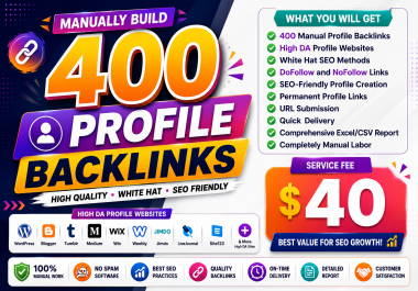 For SEO and website authority,  I will create 400 high-quality manual profile backlinks.