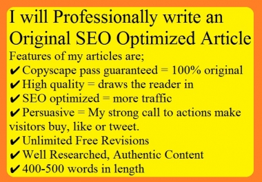 I will professionally write 400-500 words Original SEO Optimized Article