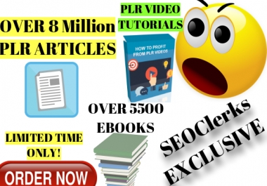 Get Instantly Over 8 Million PLR Articles,  5500 Ebooks With Stock Images,  PLR video tutorial,  etc.